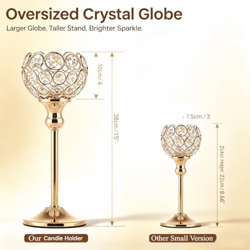 Gold Crystal Candle Holders Set of 2,Oversized Crystal Globe