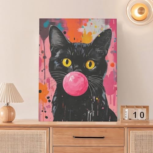 Funny Black Cat Pink Banksy Graffiti Wall Art Cute Cat Pictures Canvas Wall Decor kitten Painting Artwork Decoration Framed Gifts for Lover Women Girl Bathroom Bedroom Living Room Office 12"x16"