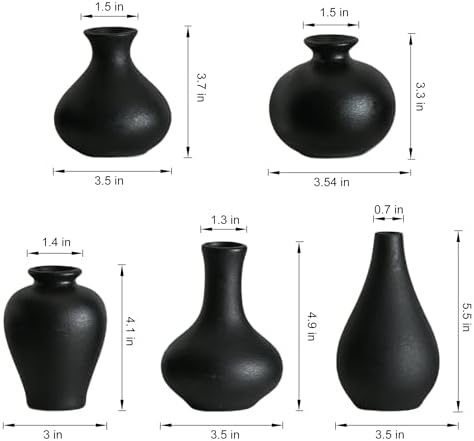 Black Ceramic Bud Vase Set of 5, Mini Vases for Flowers, Decorative Small Vases for Home Decor, Boho Wedding Centerpieces, Living Room, Dining Table & Shelf Decor