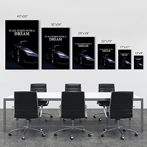 Smile Art Design It All Starts with a Dream Black Sports Car Luxury Motivational Wall Art Canvas Print Inspirational Wall Art Entrepreneur Quote Office Living Room Decor Gift Ready to Hang 22x15