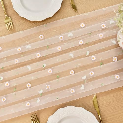 FEXIA Table Runner 10FT Gauze Elegant Tea Party Decor Pastel Embroiderey