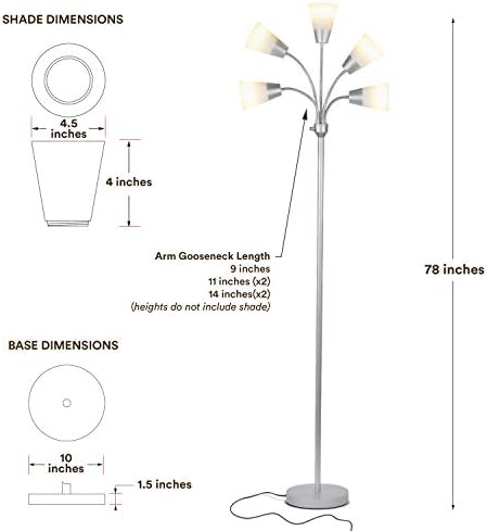 Brightech Medusa Modern LED Floor Lamp – Multi Head Floor Lamp for Living Rooms & Offices – Tall Lamp with Interchangeable Shade, Standing Lamp with 5 LED Bulbs for Hobbies - Silver