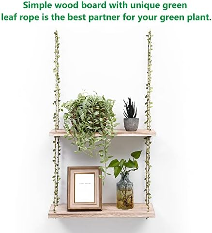Hanging Shelves for Wall,2 Tier Window Wall Hanging Shelf for Plant Photo Frames Decorations Display Decor, Green Leaf Rope Farmhouse Wooden Floating Small Bookshelves (Light Color, 2 Tier)