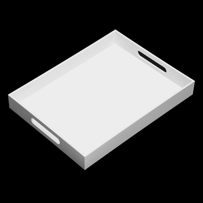 KEVLANG Glossy White Acrylic Serving Tray, 12x16Inch, Sturdy Kitchen Countertop Organizer, Decorative Vanity Table Tray, Ottoman Tray, 3/16 inch Thickness