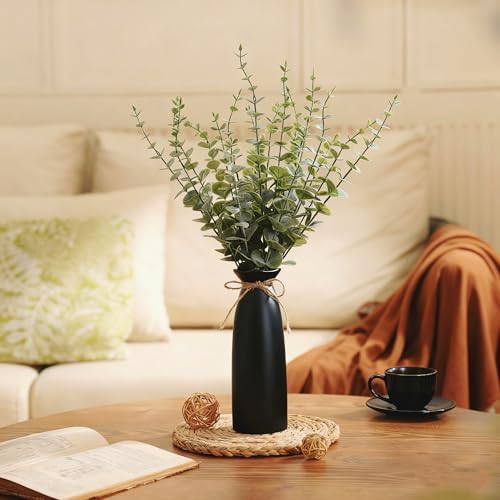 Vase with Greenery, 20pcs Artificial Eucalyptus Stems in Black Vase, Fake Plant Home Decor, 19" Decorative Faux Plants for Home Farmhouse Mantle Centerpiece Decor