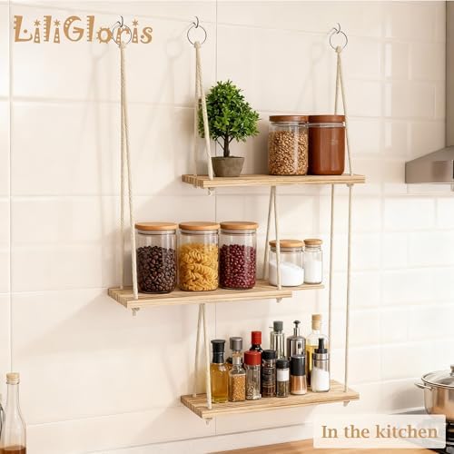 3-Tier Boho Hanging Shelves for Wall - Rustic Floating Wood Shelves with Rope, Macrame Plant Shelf Organizer for Home Decor - Farmhouse, Bohemian Style for Bedroom