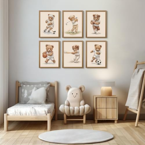 Nursery Teddy Bear Wall Decor Boy Room Wall Art Baby Canvas Prints Vintage Sports Decor Pictures Teddy Bear Poster Nursery Painting for Playroom Bedroom 8x10 Inch Framed Set of 6