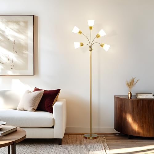Brightech Medusa Modern LED Floor Lamp – Multi Head Floor Lamp for Living Rooms & Offices – Tall Lamp with Interchangeable Shade, Standing Lamp with 5 LED Bulbs for Hobbies - Brass