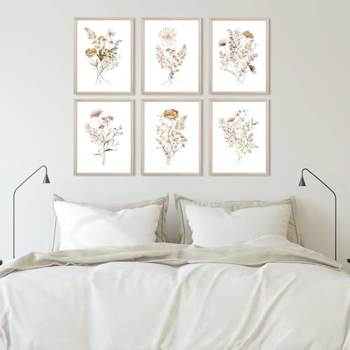 Watercolor Flower Wall Art Set of 6 Botanical Wildflower Wall Decor Boho Neutral Canvas Wall Art Vintage Prints Floral Pictures Minimalist Farmhouse Poster for Room Bedroom 12x16 Inch Wood Frame