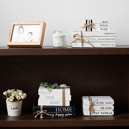 GENMOUS 4pcs White Decorative Books Set for Home Decor, Stacked Wood Books with Wood Beads for Living Room, White Faux Books for Display, Shelf Decor, Mantel Decor, Farmhouse Décor (Together)