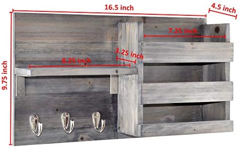 Wall-Mounted Key Holder Hooks - Rustic Wood Weathered Grey & Black - Entryway Organizer for Mail, Leashes, and Purses - Floating Shelf, 16.5” W x 9.75" H x 4.5” D