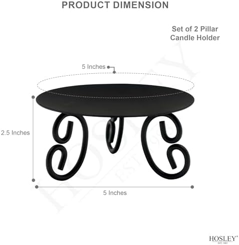 Hosley Set of 2 Black Iron Pillar Candle Holders - 5 Inch Heavy Duty Round Plate Stand with Scroll Feet for LED or Wax Candles - Rustic Farmhouse Table Centerpiece Decor for Wedding, Spa, Home Altar