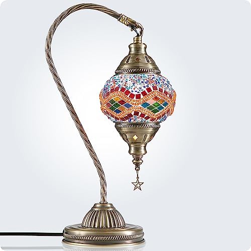 Yarra-Decor Turkish Moroccan Lamp with Bronze Base 3 Color Options Handmade Swan Neck Mosaic Glass Bedside Lamps for Bedroom (LED Bulb Included)(Orange2)