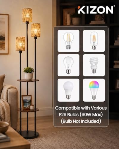 KIZON 71" Floor Lamp with Shelves and Rattan Shades, 3-Tier Standing Light