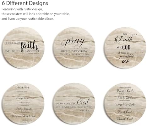 Coasters for Drinks with Bible Verses, Set of 6 Absorbent Drinks Coasters with Holder, Christian Gifts