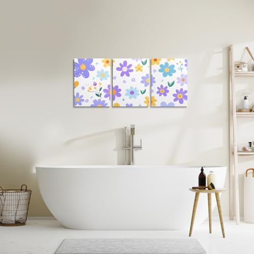 Feelyou Cute Flower 3 Piece Canvas Wall Art for Living Room Bedroom Cartoon Cute Floral Office Decor Artwork Purple Yellow Wall Art for Home Decor Kawaii Picture Posters