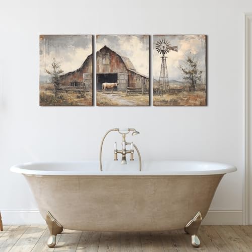 Vintage Farmhouse Wall Art Western Country Canvas Pictures for Living Room Rustic Cottage Painting Poster Windmill Barn Cow Prints Nature Landscape Canvas Artwork Bedroom Home Decorations 12x16" 3Pcs
