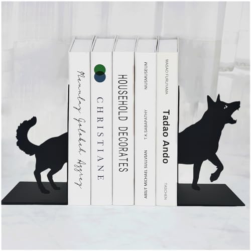 ENCIMART Dog Book Ends Decorative for Shelves, Black Metal Bookend Supports for Heavy Books, Book Stoppers for Home Office Desktop Organizer for Men and Book Lovers Gift