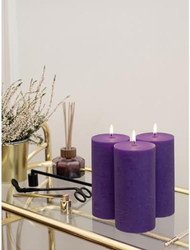 CANDWAX Large Pillar Candles 3x6 Inch – Set of 3 Unscented Dripless Purple Candles, Long Burning Rustic Look for Weddings, Events, Home Decor