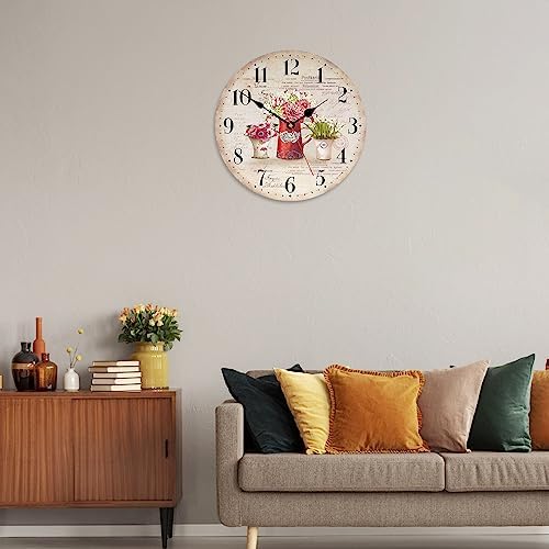 TAHEAT Floral Flower Wall Clock, French Country Vintage Decor, Decorative Battery Operated Silent Non Ticking Wall Clocks for Kitchen Living Room Bedroom Bathroom Office, 12 Inch