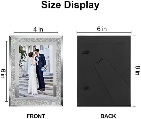 HIKWADERY 4x6 Picture Frames Silver - Set of 2, Sparkle Real Glass 4 by 6 Photo Frame Mirrored Edge Great Gift, for Tabletop Display, Wedding Birthday Mothers Day Gifts (4 x 6, Glitter Silver)