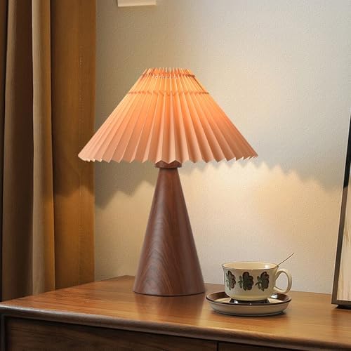 Ziqqeelam Wood Touch Control Table Lamp, Mini Cute Table Lamp, Wooden Grain Bedroom Lamps for Nightstand, Small Scalloped Lamp Shade Table Lamps for Small Spaces for Bedroom,Living Room