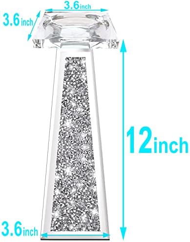 Wocred 2 Piece Candlestick Holders for Holding Pillar Candles, Crystal Crushed Diamond Candle Holders Set Decor for Dinning Room, Silver Glass Votive Candle Holders for Table Centerpiece(12”)