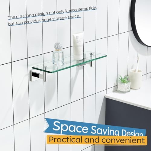 KOKOSIRI Bathroom Shelves Wall Mounted Floating Glass Shelf Polished Stainless Steel 16-Inch Hanging Rack for Storage/Room Decor 2 Pack B1105CH-L16-P2