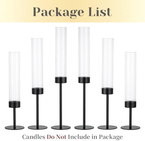 Hewory Black Taper Candle Holders: Candlestick Holders Set of 6 Hurricane Glass Tall Candle Holder for Candlesticks Candle Sticks Holder Decor for Table Centerpiece Wedding Party Christmas Decorations