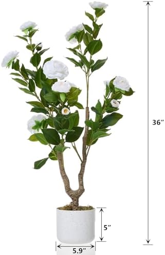 3FT Artificial Camellia Tree in White Planter, 2 Pack Faux Camellia Plant with 16 White Flowers, 36" Faux Flowers Potted Plant Trees for Home and Office Decor