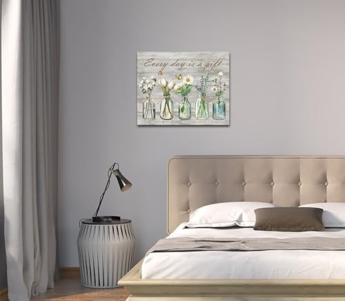Yaoliyu Flower Bathroom Wall Art Every Day is a Gift Inspirational Picture Country Style Farmhouse Wall Decor Butterfly Floral Vase Canvas Prints 16x20inch