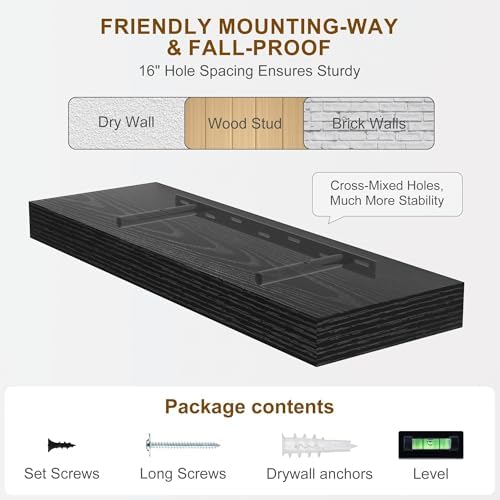 Fun Memories 30Inch Floating Shelves for Wall, 2 Pack Rustic Wood Shelves for Bathroom|Kitchen Wall Mounted Floating Shelf with Invisible Brackets for Books|Storage|Decor,Black