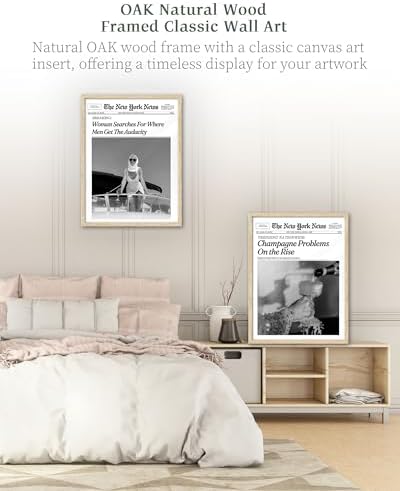 iHery 12x16in Champagne Problems on the Rise Framed Newspaper Art | Natural OAK Wood Frame with Canvas Print, Vintage Champagne Decor for Bar Cart, Kitchen, Living Room and Bathroom, 1Pack