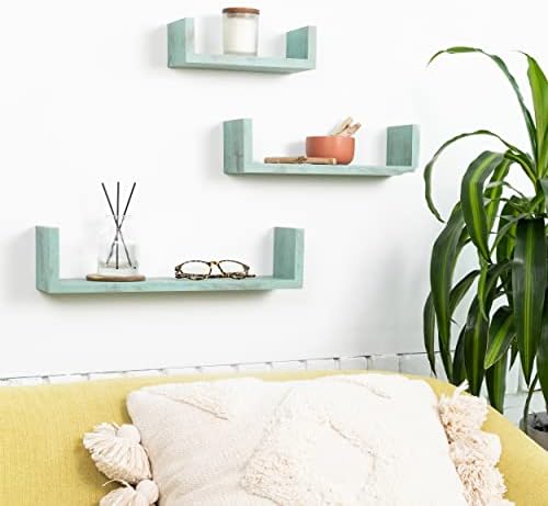 Greenco Set of 3 Floating “U” Shelves, Easy-to-Assemble Floating Wall Mount Shelves for Bedrooms and Living Rooms, Rustic Turquoise Finish