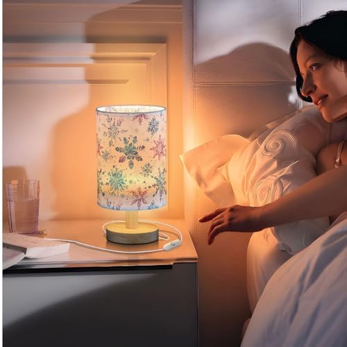 Red and Blue Watercolor Snowflakes Winter Bedside Table Lamps with USB Port for Bedroom Lamp Accent Table Lamp Small Nightstand Lamp Sturdy Linen Shade Wooden Decorative Lamps for Home|Kids|Holiday