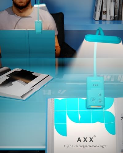 AXX Clip on Book Light for Bed, Rechargeable Reading Lamp for Kids, 1000mAh Battery Operated, 30/60 Minutes Timer, Lighting Accessories for Travel Car at Night - Misty Blue