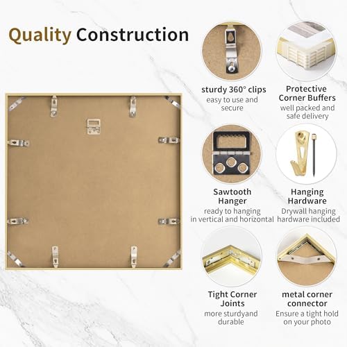 Fun Memories 14x14 Aluminum Picture Frame, Premium Square Photo Frames with Mat for 12x12 or Without Mat for 14x14, Simple and Elegant Decor for Wall Mounting, Gold, 1 Pack