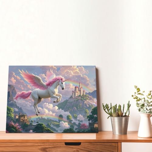 Crekviy Pink Unicorn Wall Art Fantasy Unicorn Bedroom Decor for Girls Magical Canvas Prints Painting Pictures Artwork Decorations for Nursery Room Bathroom Framed Kids Gifts 12"x16"
