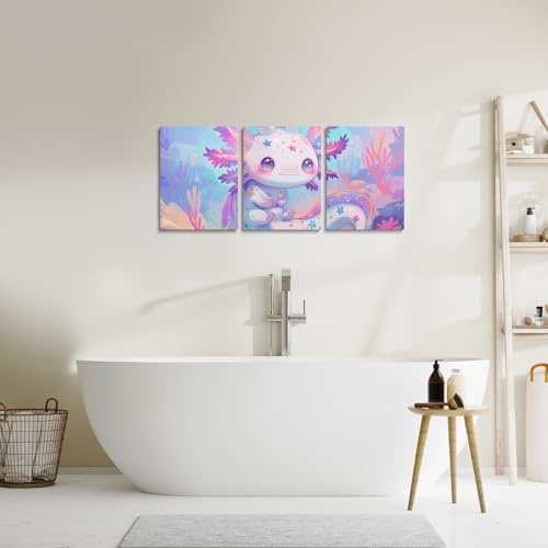 Feelyou Axolotl Canvas Wall Art for Living Room Pink Cartoon Axolotl Wall Decor for Bedroom Bathroom Wall Decor Kawaii Paintings Seaweed Pictures Artwork Office Pictures Home Decor 12" x 16" 3 Piece