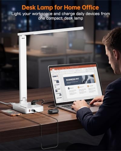 cozoo LED Desk Lamp for Dorm Office, USB-C,AC Outlet, Reading Light, White