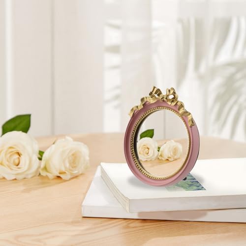 Bitray Pink Vintage Wall Mirror 4" French Baroque Resin Decorative Hanging | 1Pcs, 4.2" Outer Dia丨Small Makeup Desk Mirror丨Tabletop Wall Mount丨Decorative Mirror丨For Bedroom Bathroom Tabletop Wall Decor