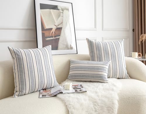Cethom Decorative Boho Throw Pillow Covers, Farmhouse Textured Pillow Case, 22 x 22 Inch Set of 2, Chair Sofa Bedroom Living Room Home Decor Couch Cushion Case, Classic Blue and Beige Striped