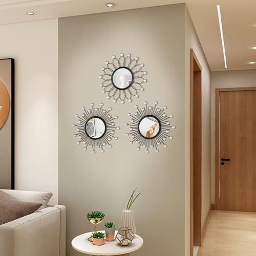 3 Pack Metal Mirrors for Wall Sunburst Wall Mirrors Home Décor Decorative Hanging Wall Art for Living Room Bedroom Entryway (Black Crystal, Flower+Sunburst)