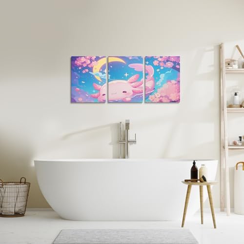 Feelyou Cute Axolotl Canvas Wall Art,Cherry Floral Print Aesthetic Wall Hangings for Bedroom Bathroom,Kawaii Moon Axolotl Canvas Wall Decor Home Artwork,Set of 3