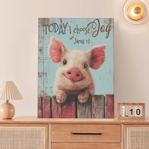 Farmhouse Pig Wall Decor Funny Pig Canvas Wall Art Rustic Pictures Painting Vintage Farm Animal Home Decoration Artwork Framed Gifts for Women Girl Living Room Bedroom Bathroom Office 12"x16"