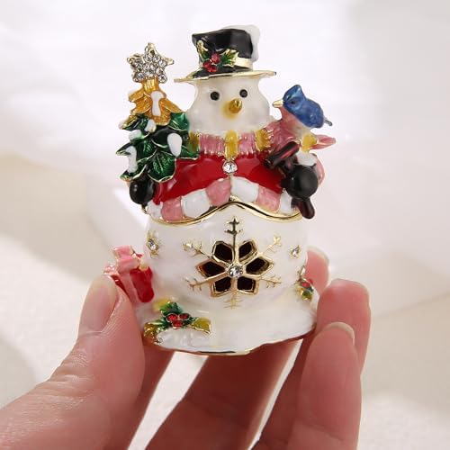 Hand Painted Christmas Trinket Box for Home Decor Accents, Enamel Hinged Jewelry Box for Bookshelf Office Table Desk Decor, Classical Figurine Collectible Keepsake Sculptures (White Snowman)