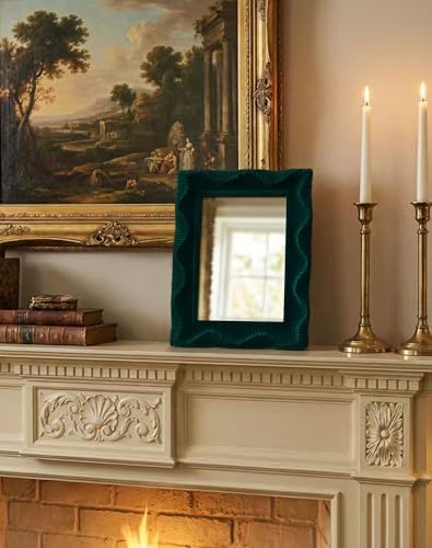 Emerald Green Wavy Vanity Mirror for Living Room Hallway Wall Decor | 14x12",Soft Velvet-like Touch,Accent Mirror for Bathroom Dining Room Hotel Coffee Book Shop,Aesthetic Room Stylers