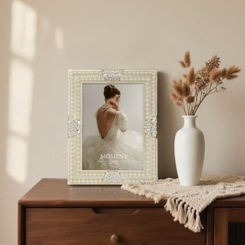 DIKAR 5x7 Picture Frame with Pearl and Crystal Decor for Wedding Photo, Ornate Frame Silver Plated for Tabletop Display