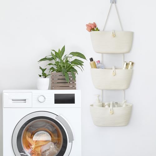 TeoKJ Over the Door Hanging Baskets with Wooden Button, 3-Tier Wall-Mounted Decorative Nursery Kitchen Baskets, White