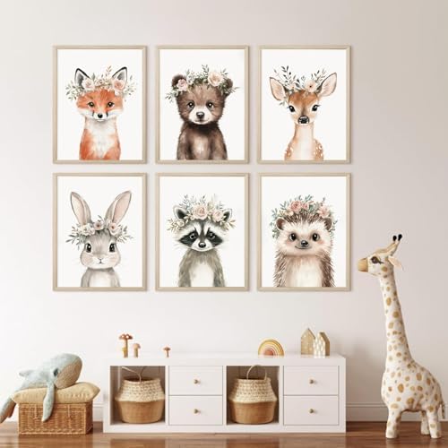 Woodland Animal Nursery Wall Art Decor Baby Girl Room Pictures Floral Crown Animal Canvas Wall Art Decor Safari Bear Fox Poster Floral Nursery Prints Artwork for Kids Bedroom 12x16x6 Inch Unframed